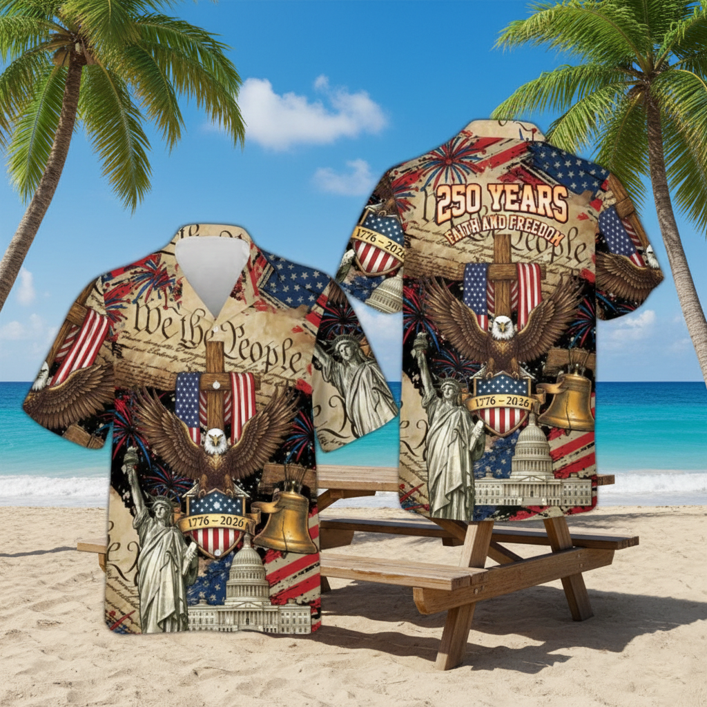 USA 250th Anniversary Hawaiian Shirt – Patriotic Eagle & Statue of Liberty Button-Up