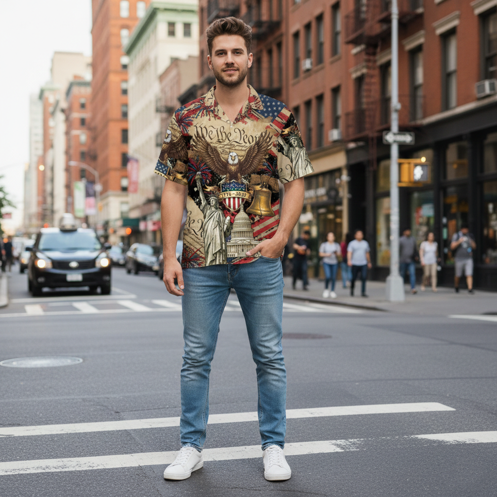 America 250 Years Hawaiian Shirt – Patriotic Button-Up with Eagle and Statue of Liberty