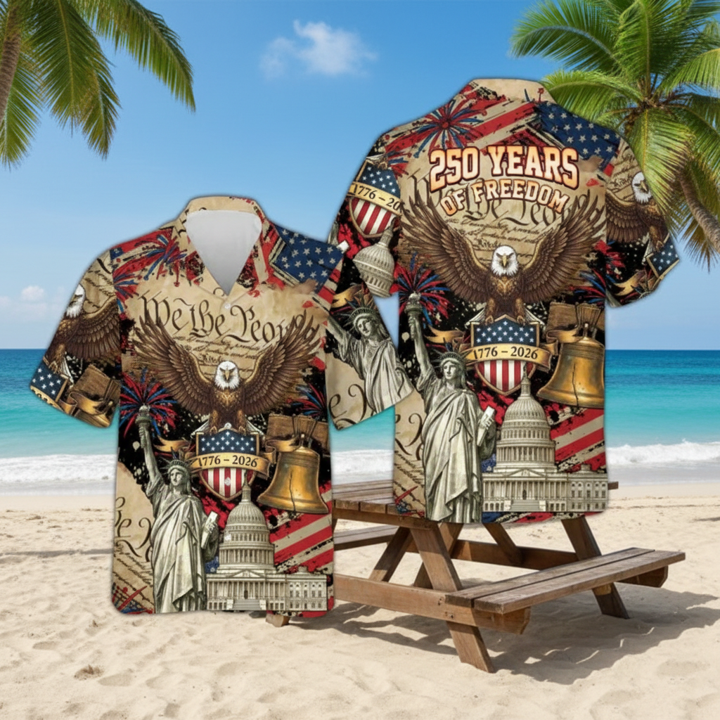 America 250 Years Hawaiian Shirt – Patriotic Button-Up with Eagle and Statue of Liberty