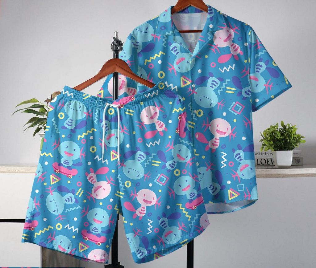 Wooper Hawaiian Shirt and Shorts Set – Cute Cartoon Button-Up Summer
