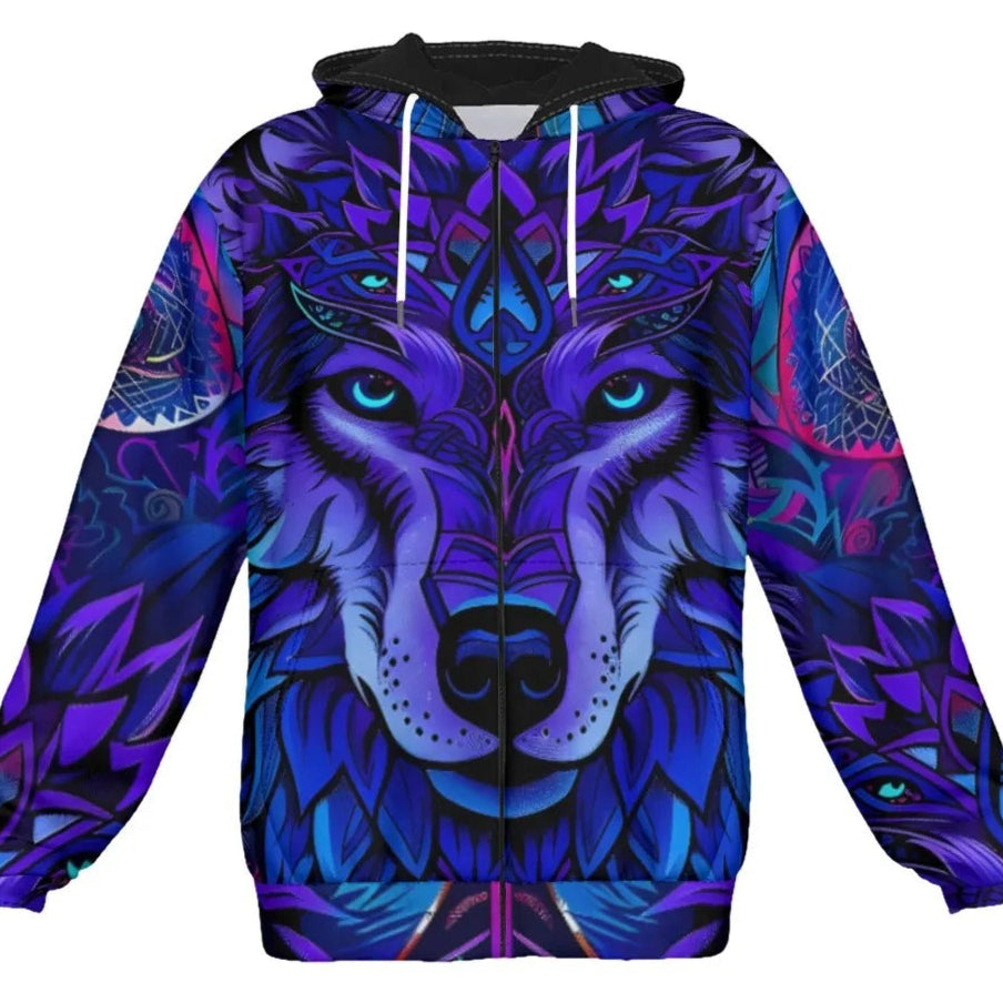 Wolf Mandala Full Zip Hoodie, Boho Tribal Animal Jacket in Purple and Blue, Unisex Spiritual Streetwear