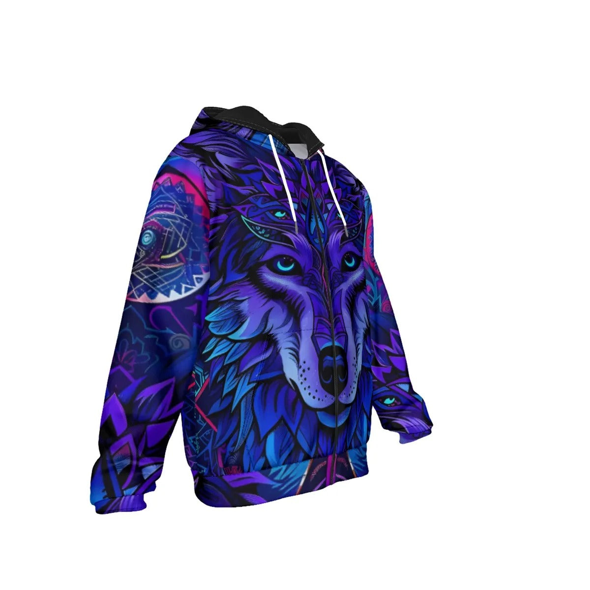 Wolf Mandala Full Zip Hoodie, Boho Tribal Animal Jacket in Purple and Blue, Unisex Spiritual Streetwear