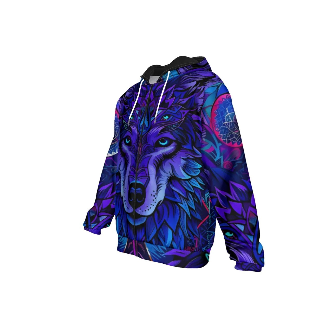 Wolf Mandala Full Zip Hoodie, Boho Tribal Animal Jacket in Purple and Blue, Unisex Spiritual Streetwear
