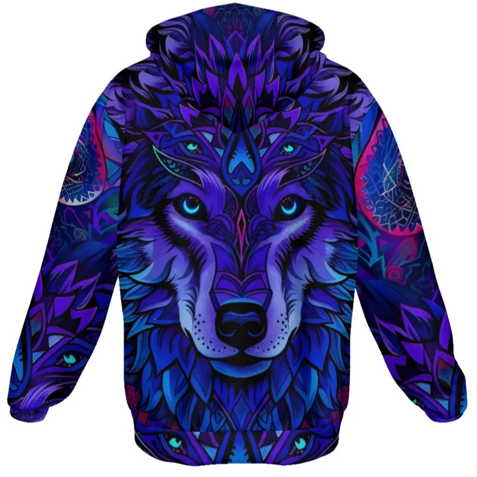 Wolf Mandala Full Zip Hoodie, Boho Tribal Animal Jacket in Purple and Blue, Unisex Spiritual Streetwear