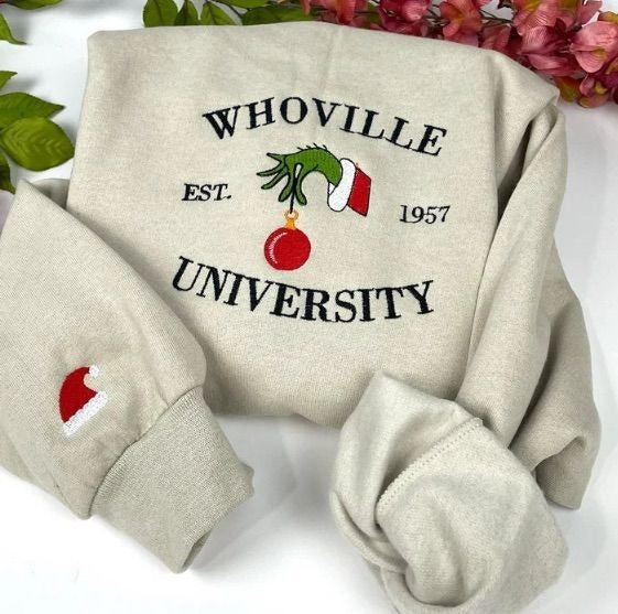 Whoville University Embroidered Sweatshirt, Funny Christmas Crewneck, Cozy Holiday Sweater, Festive Winter Outfit Gift EBAC88
