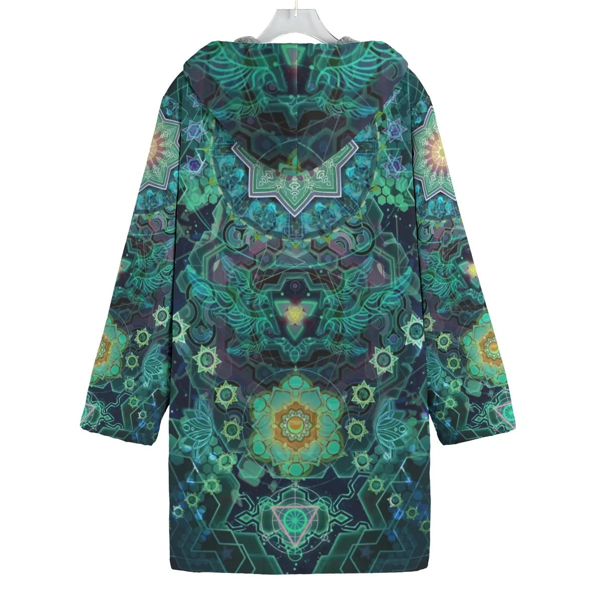 Yantric Geometry Coat, Women Coats, Sacred Geometry Jacket, Green Mandala Art Outerwear, Psychedelic Hooded Coat, Spiritual Festival Wear, Boho Meditation Clothing, Mystic Fashion