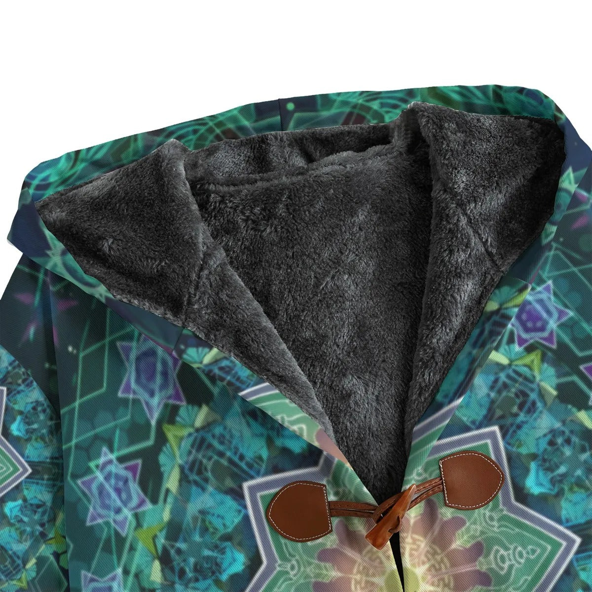 Yantric Geometry Coat, Women Coats, Sacred Geometry Jacket, Green Mandala Art Outerwear, Psychedelic Hooded Coat, Spiritual Festival Wear, Boho Meditation Clothing, Mystic Fashion