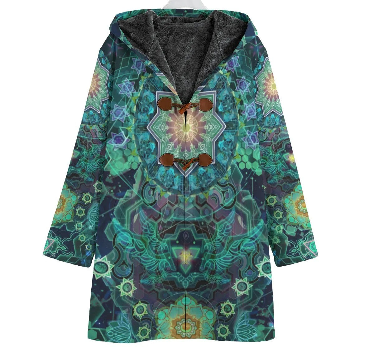Yantric Geometry Coat, Women Coats, Sacred Geometry Jacket, Green Mandala Art Outerwear, Psychedelic Hooded Coat, Spiritual Festival Wear, Boho Meditation Clothing, Mystic Fashion