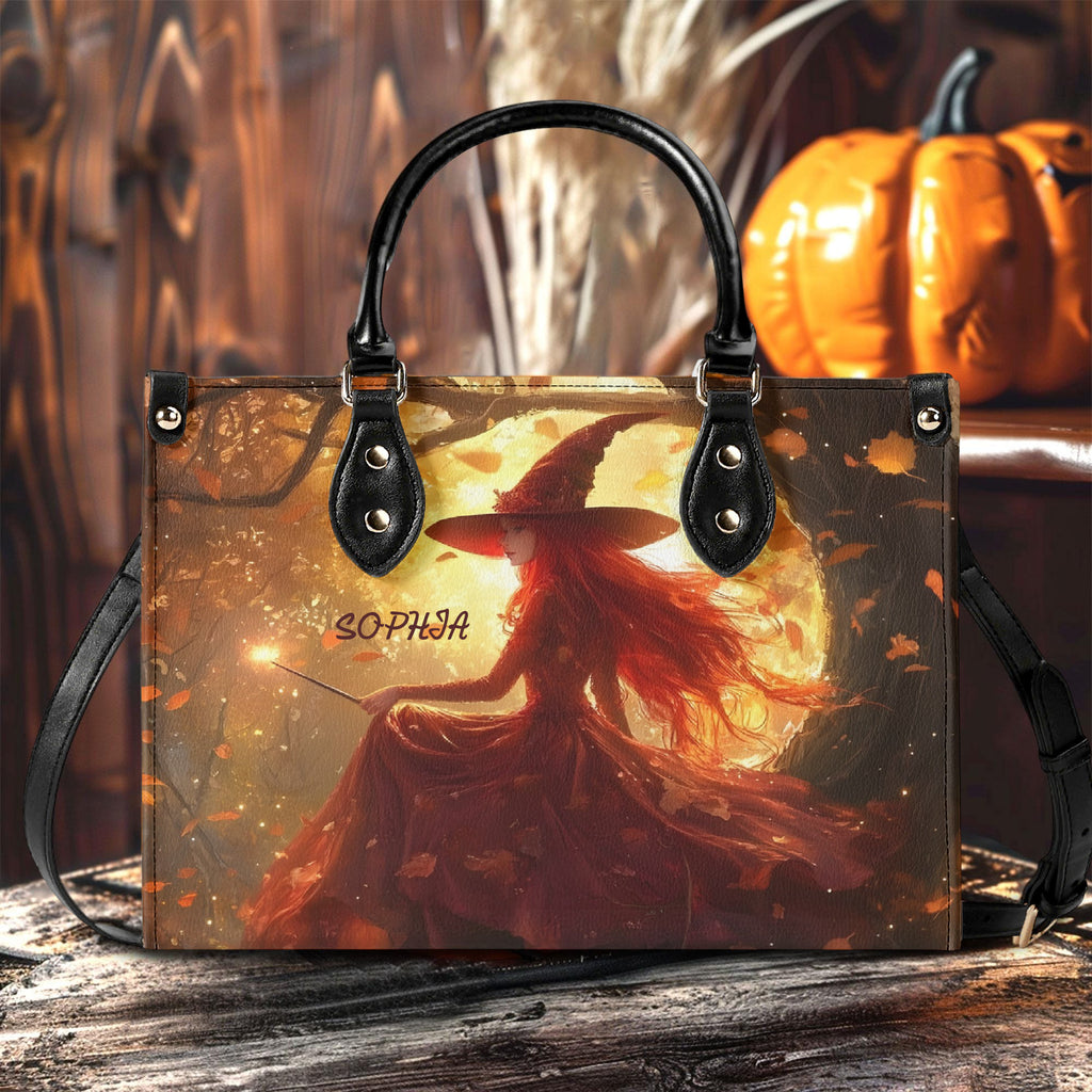 Personalized Witch Handbag, Custom Name Halloween Purse, Autumn Moon Spell Tote, Red Witch Magic Bag for Her, Custom Gifts for Halloween