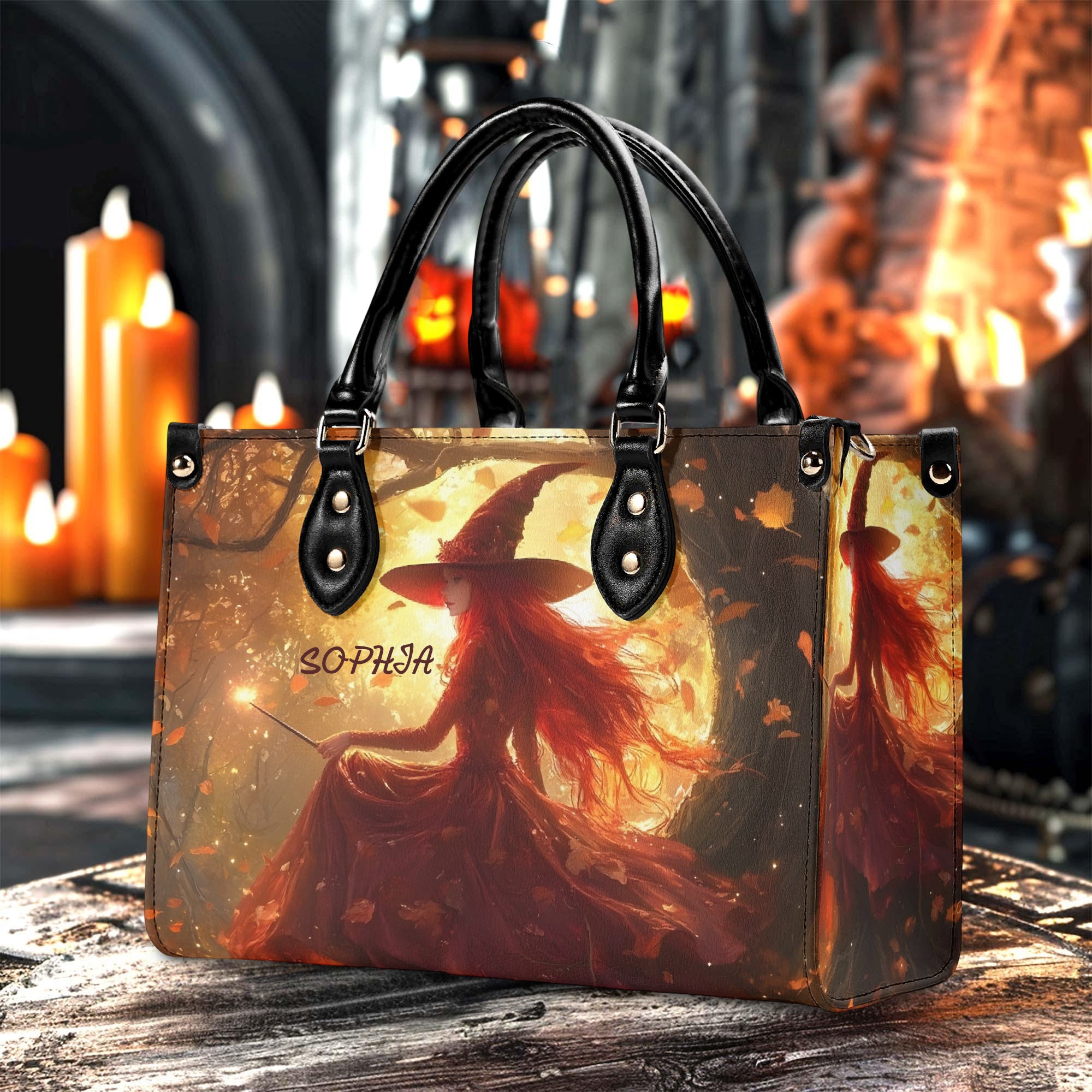 Personalized Witch Handbag, Custom Name Halloween Purse, Autumn Moon Spell Tote, Red Witch Magic Bag for Her, Custom Gifts for Halloween