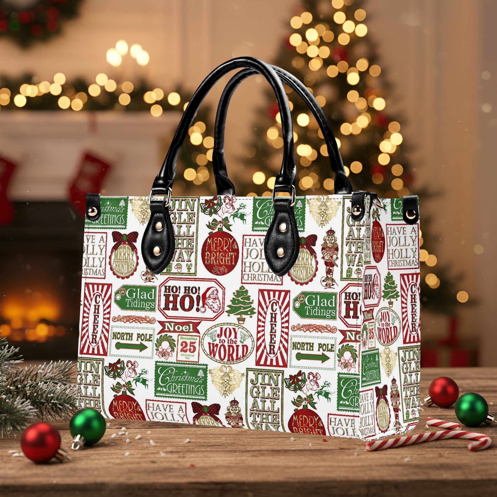 Vintage Christmas Handbag, Holiday Tote Bag with Festive Text Print, Christmas Cheer Purse, Merry Bright Accessory Gift