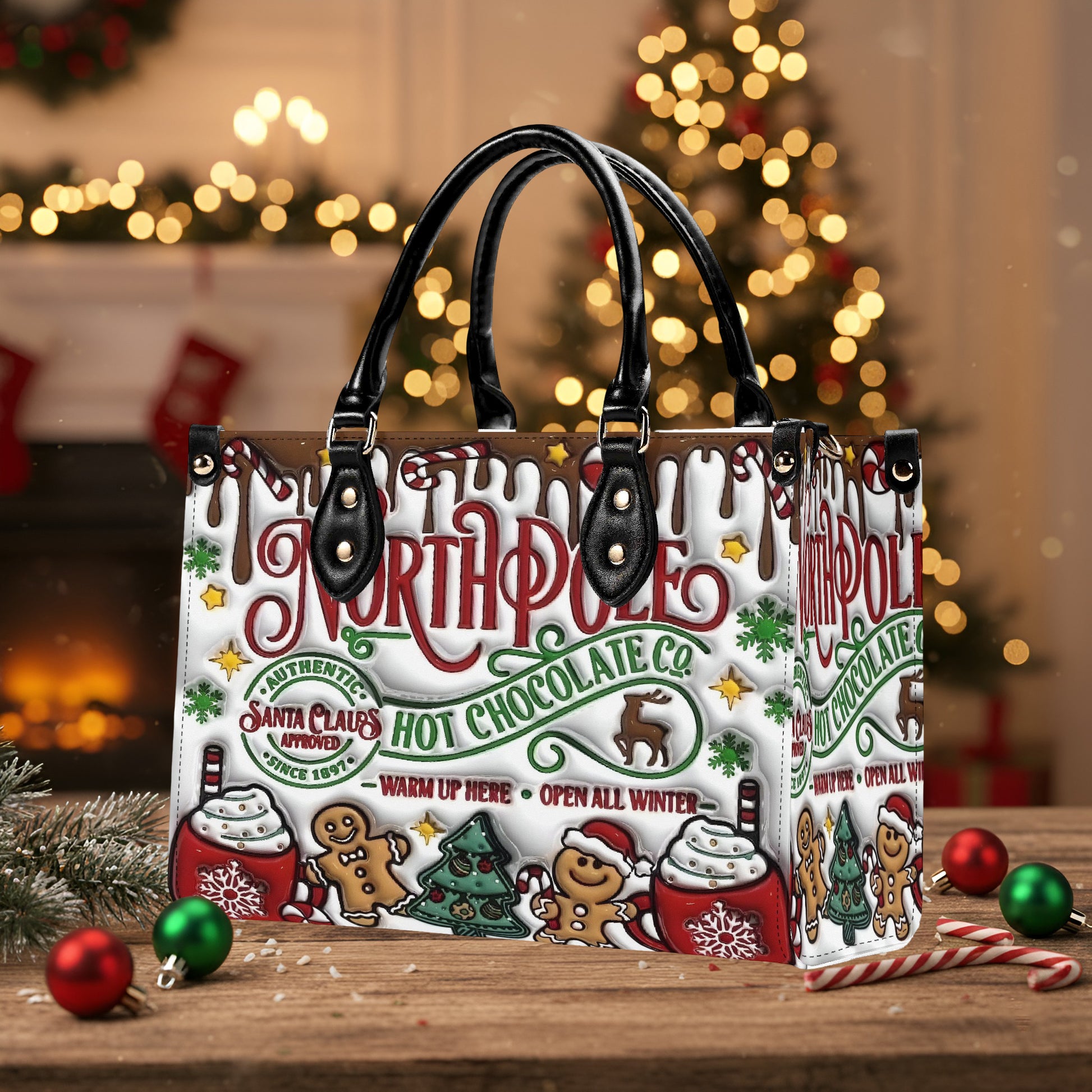 North Pole Hot Chocolate Handbag, Christmas Themed Purse, Festive Holiday Tote Bag, Gingerbread & Cocoa Design, Winter Gift Bag