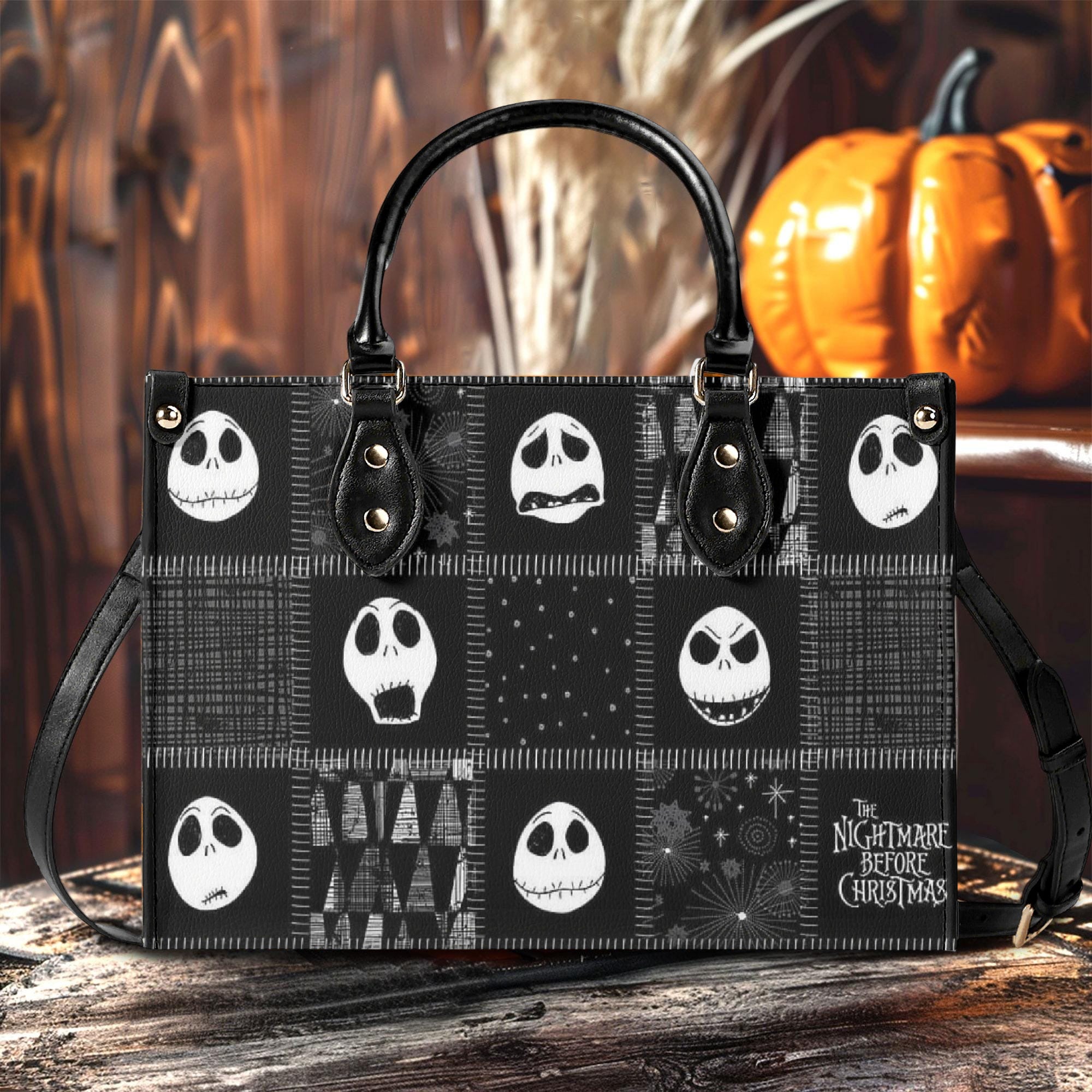 Personalized Nightmare Before Christmas Handbag, Jack Skellington Face Tote, Spooky Halloween Purse, Gothic Black & White Bag for Fans, Custom Gifts for Halloween