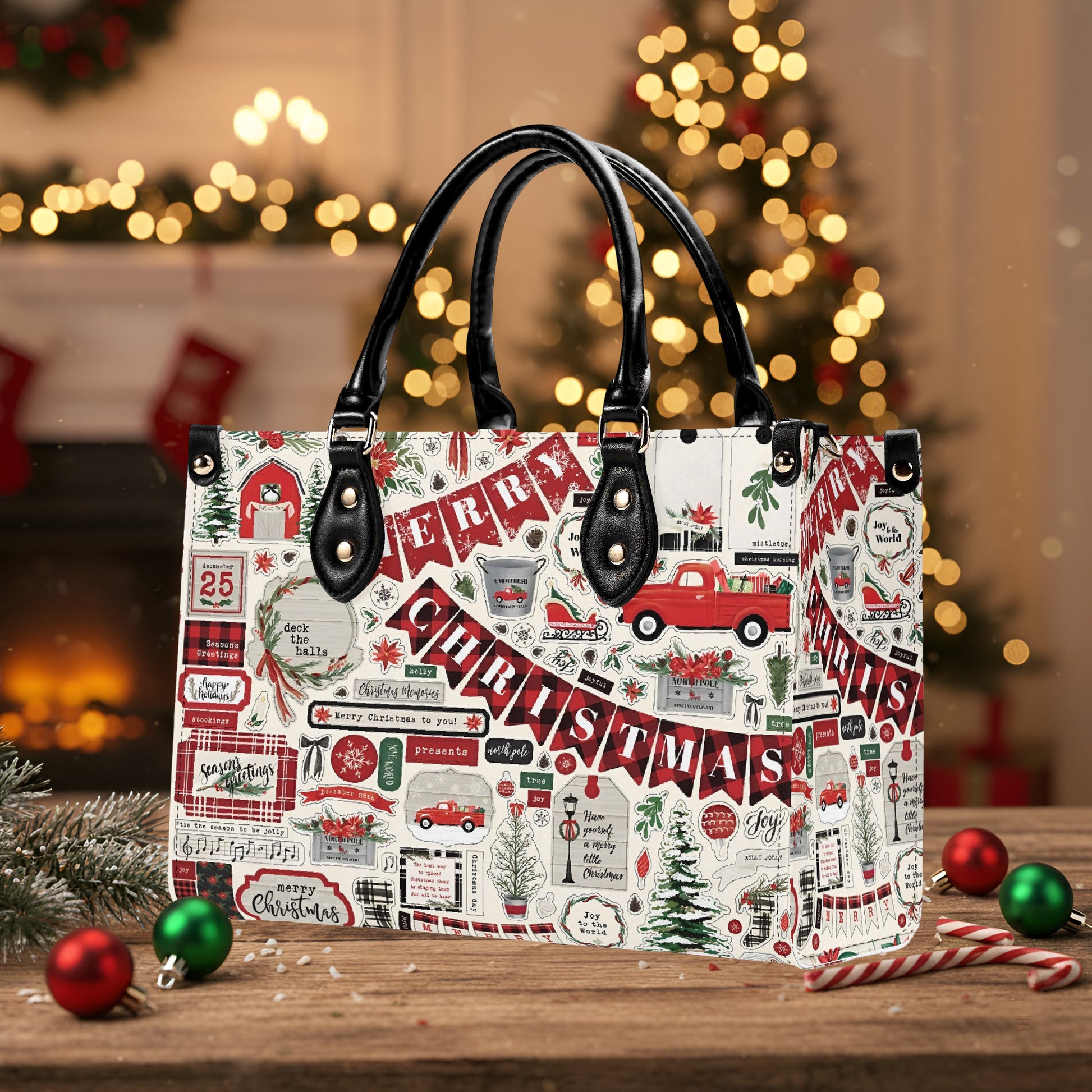 Merry Christmas Handbag, Red Truck Holiday Tote Bag, Festive Winter Purse, Christmas Tree Bag, Holiday Outfit Accessory