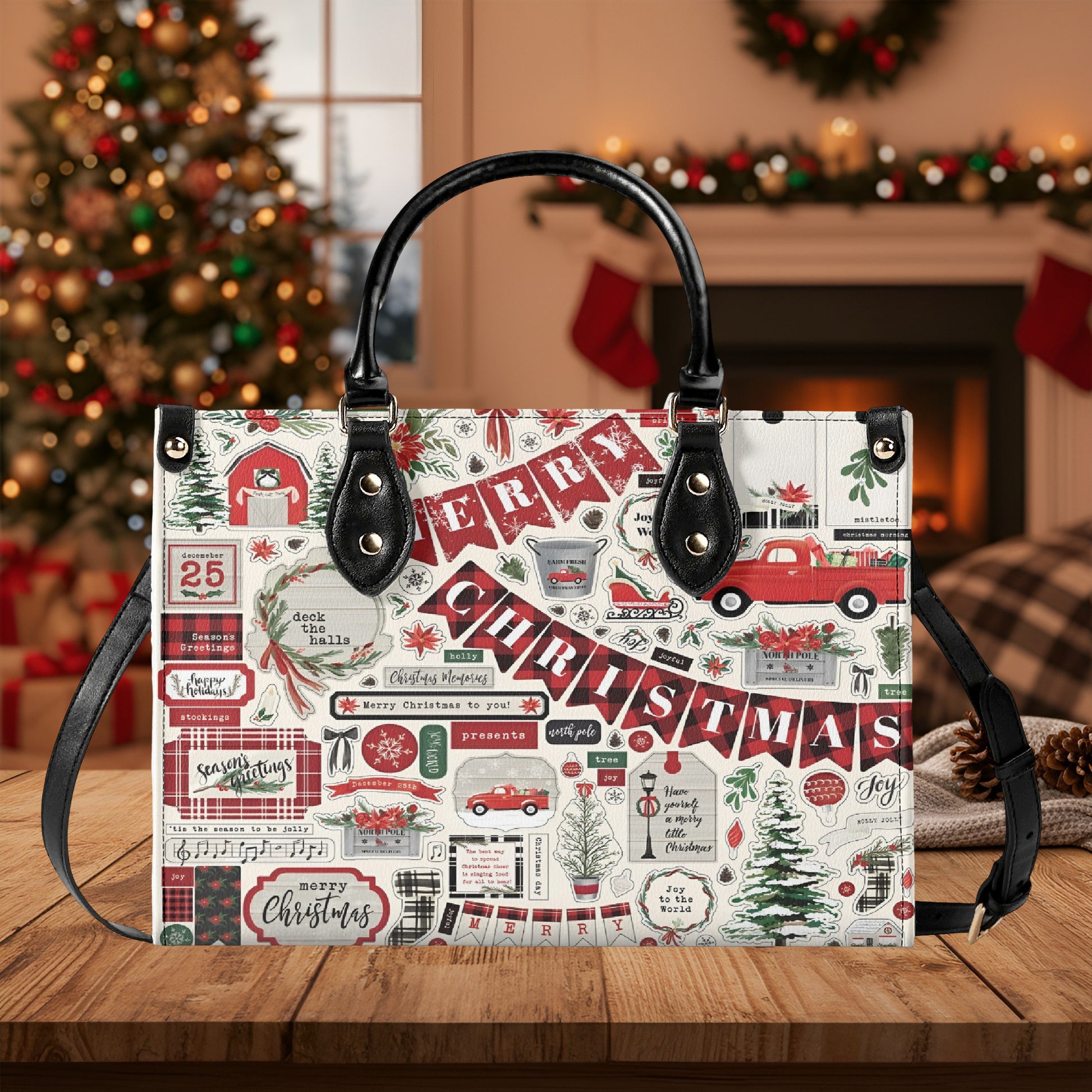 Merry Christmas Handbag, Red Truck Holiday Tote Bag, Festive Winter Purse, Christmas Tree Bag, Holiday Outfit Accessory