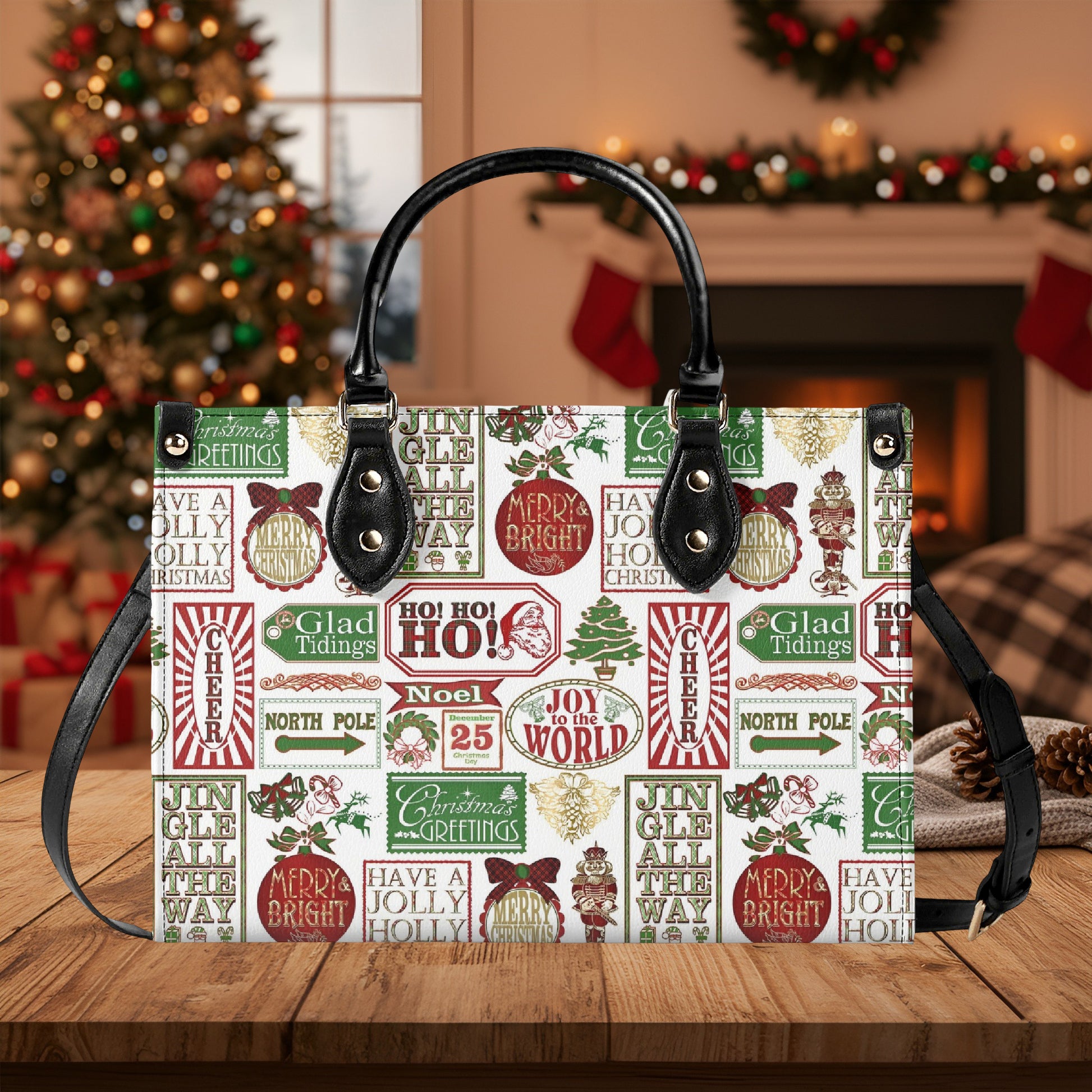 Vintage Christmas Handbag, Holiday Tote Bag with Festive Text Print, Christmas Cheer Purse, Merry Bright Accessory Gift