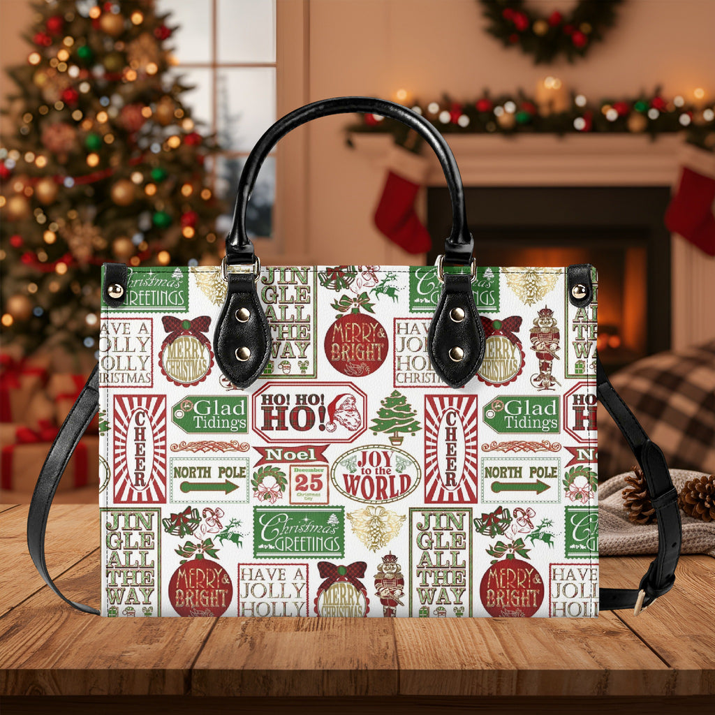 Vintage Christmas Handbag, Holiday Tote Bag with Festive Text Print, Christmas Cheer Purse, Merry Bright Accessory Gift