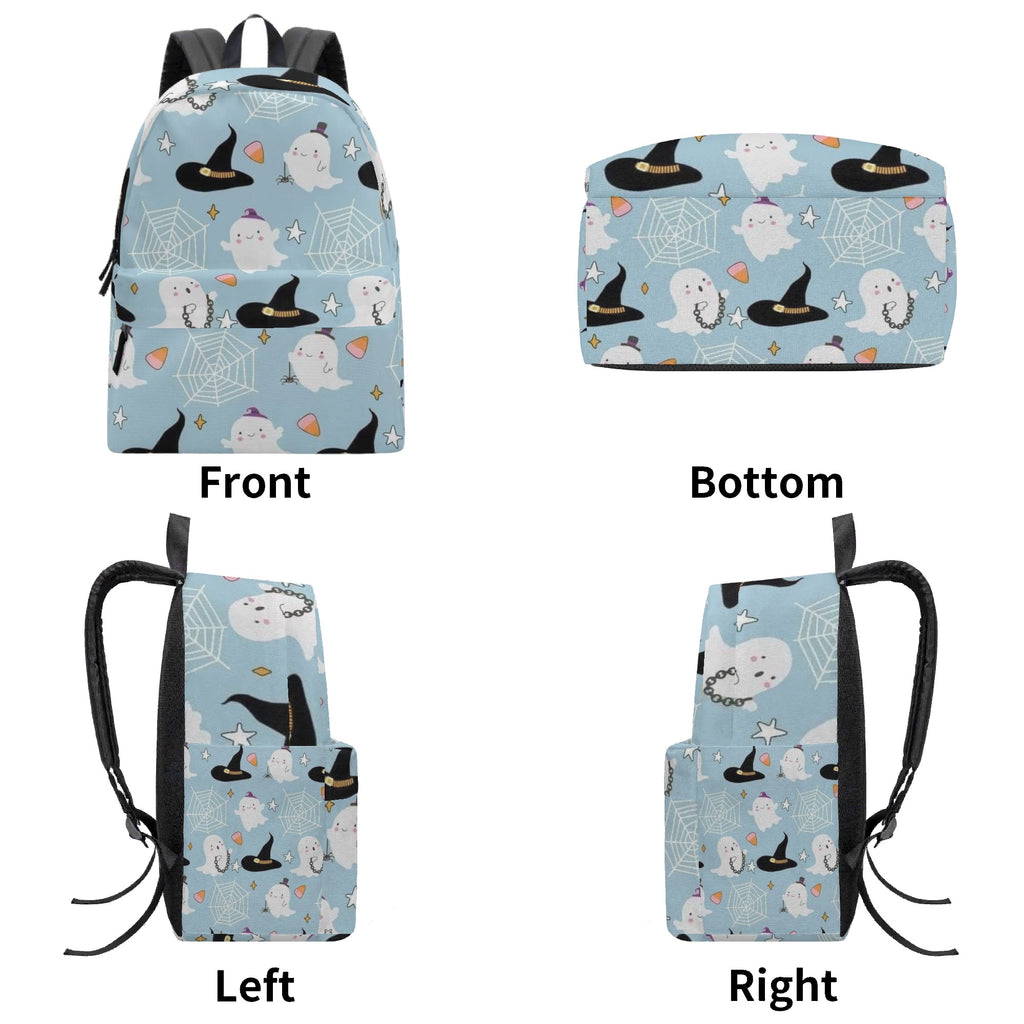 Back to School Personalized Halloween Backpack, Cute Ghost & Witch Hat Kids Bookbag, Light Blue School Bag, Back to School Trick or Treat Bag