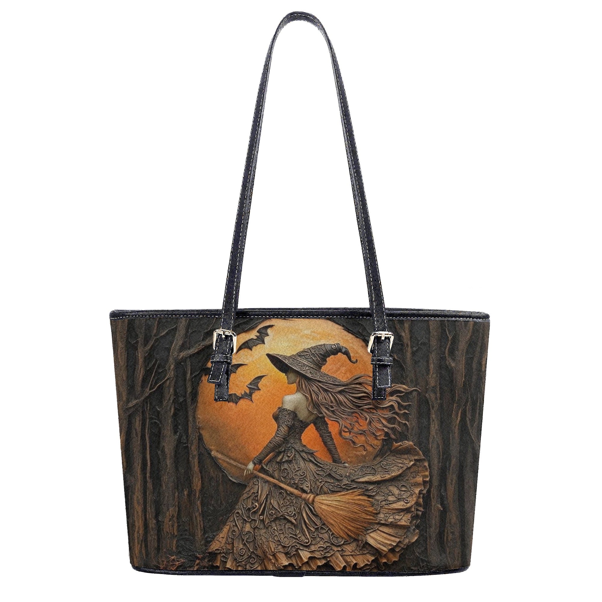 Personalized Witch Printed Art Leather Handbag With Handle, Spooky Halloween Bags, Trick Or Treat Halloween Bags, Witchy Gothic Bags