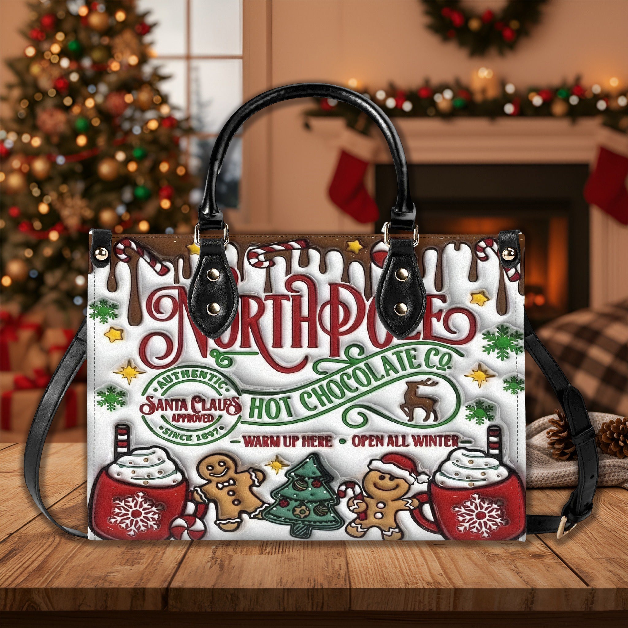 North Pole Hot Chocolate Handbag, Christmas Themed Purse, Festive Holiday Tote Bag, Gingerbread & Cocoa Design, Winter Gift Bag