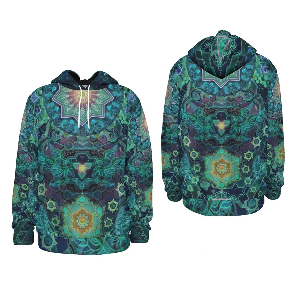 Yantric Geometry Hoodie, Sacred Mandala Energy Hoodie, Mystic Geometric Light Hoodie, Vibrant Spiritual Pattern Hoodie, Celestial Yantra Hoodie