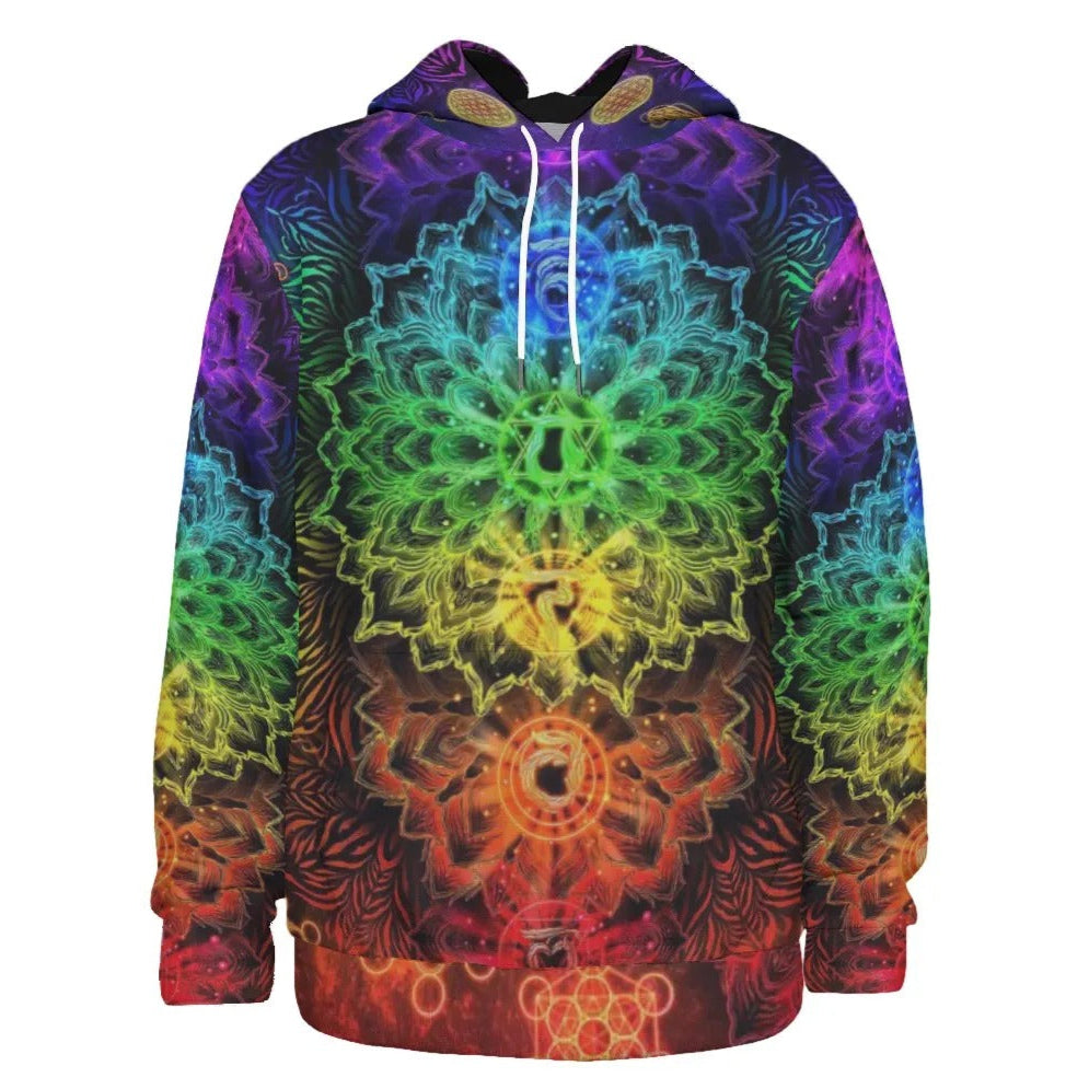 Sacred Chakra Mandala Hoodie, Vibrant Rainbow Energy Healing Hoodie, Spiritual Energy Symbol, Colorful Sacred Geometry Hoodie, Mandala Hoodie