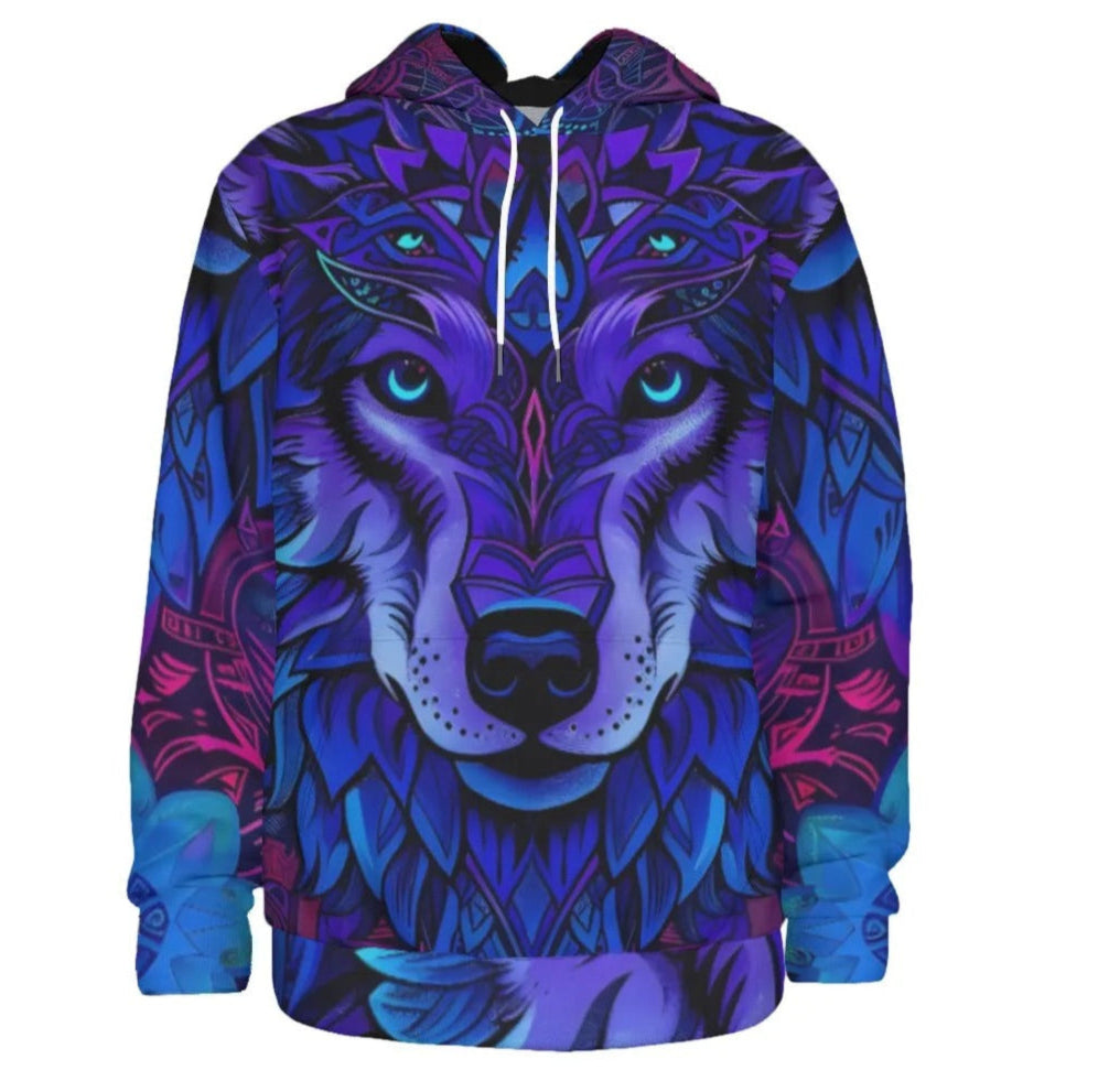 Wolf Mandala Hoodie, Purple Tribal Spirit Animal Pullover for Men & Women, Boho Psychedelic Hoodie, Festival Graphic Sweatshirt