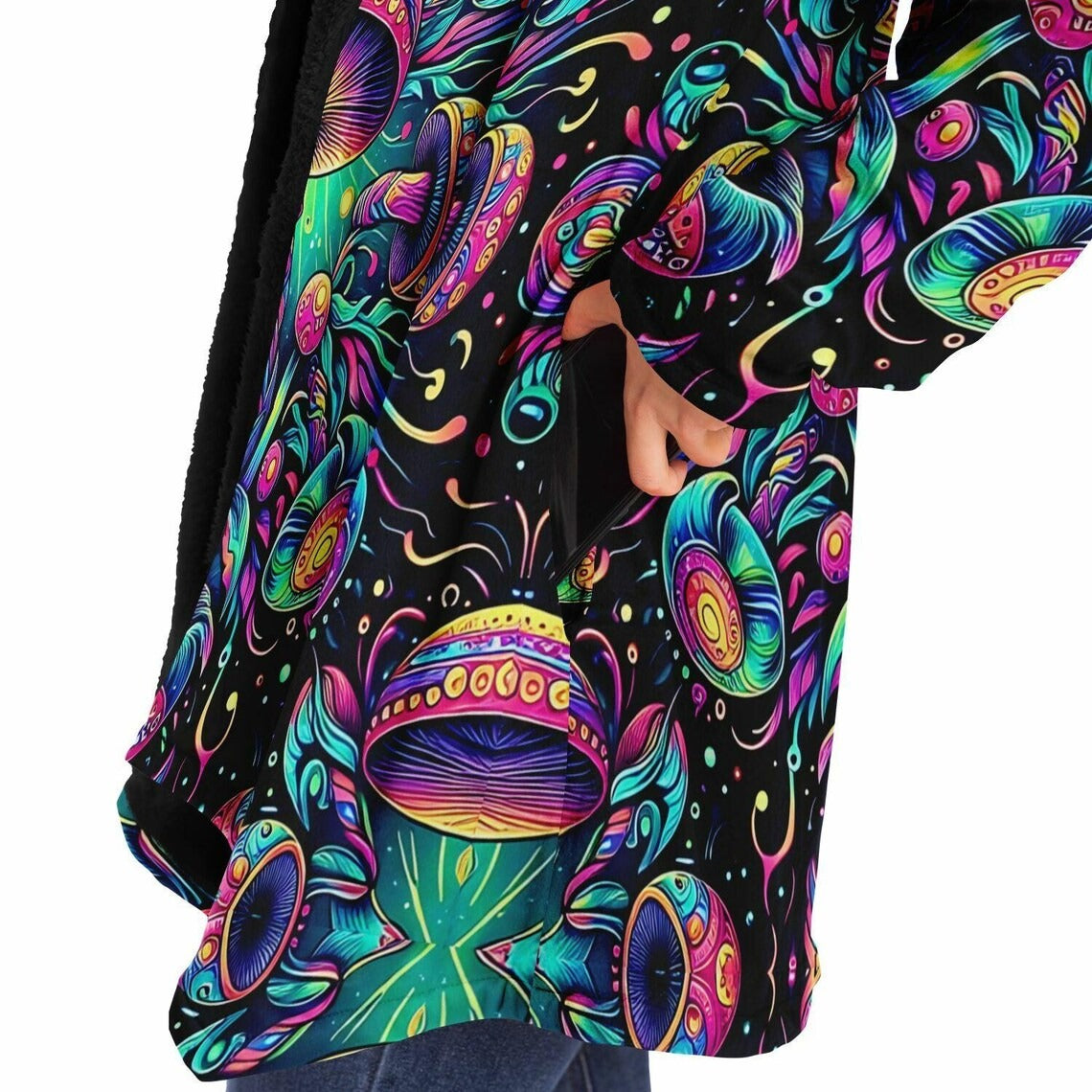 Psychedelic Mushrooms Rave Festival Cloak, Fleece Festival Coat, Cloak With Hood, Rave Cloak, Rave Wear, Cloak Pattern