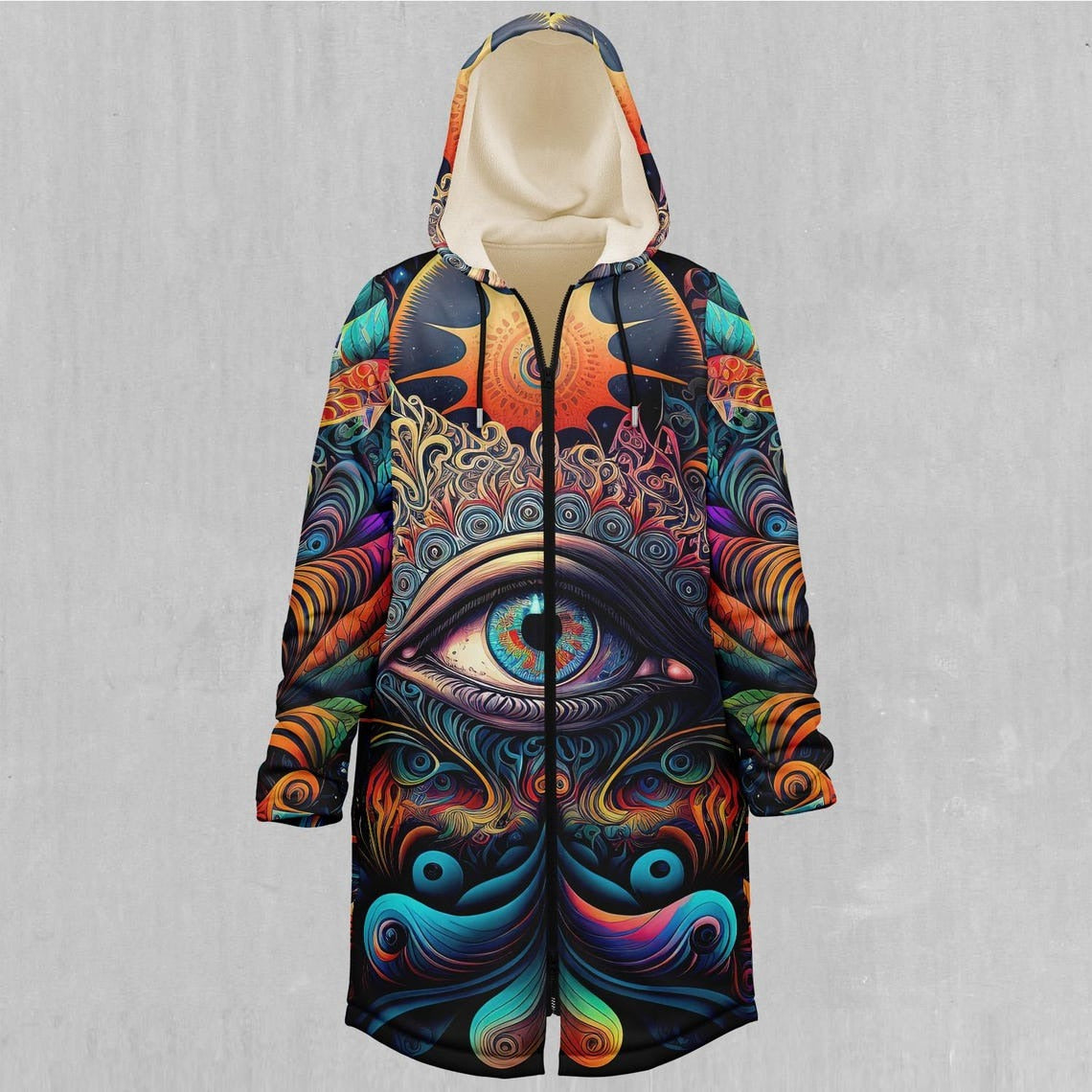 Cosmic Eye Psychedelic Mandala Abstract EDM Rave Festival Sherpa Lined Hooded Cloak
