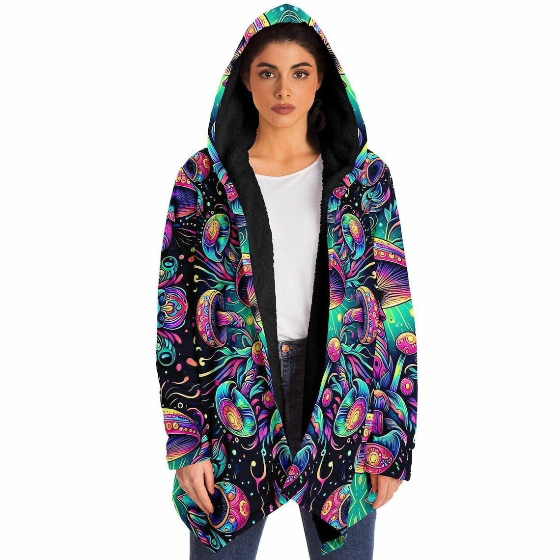 Psychedelic Mushrooms Rave Festival Cloak, Fleece Festival Coat, Cloak With Hood, Rave Cloak, Rave Wear, Cloak Pattern