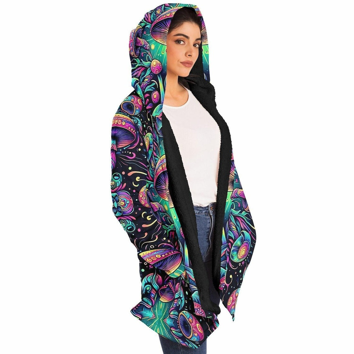 Psychedelic Mushrooms Rave Festival Cloak, Fleece Festival Coat, Cloak With Hood, Rave Cloak, Rave Wear, Cloak Pattern