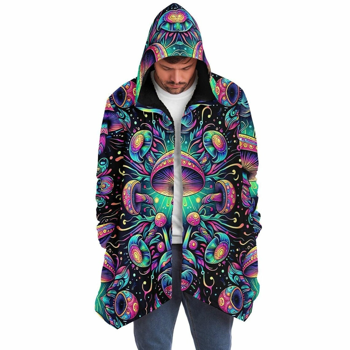 Psychedelic Mushrooms Rave Festival Cloak, Fleece Festival Coat, Cloak With Hood, Rave Cloak, Rave Wear, Cloak Pattern