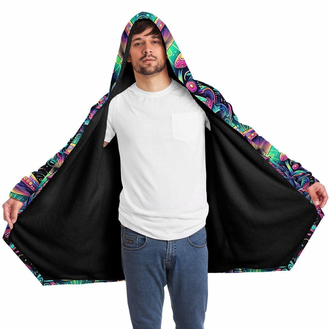 Psychedelic Mushrooms Rave Festival Cloak, Fleece Festival Coat, Cloak With Hood, Rave Cloak, Rave Wear, Cloak Pattern