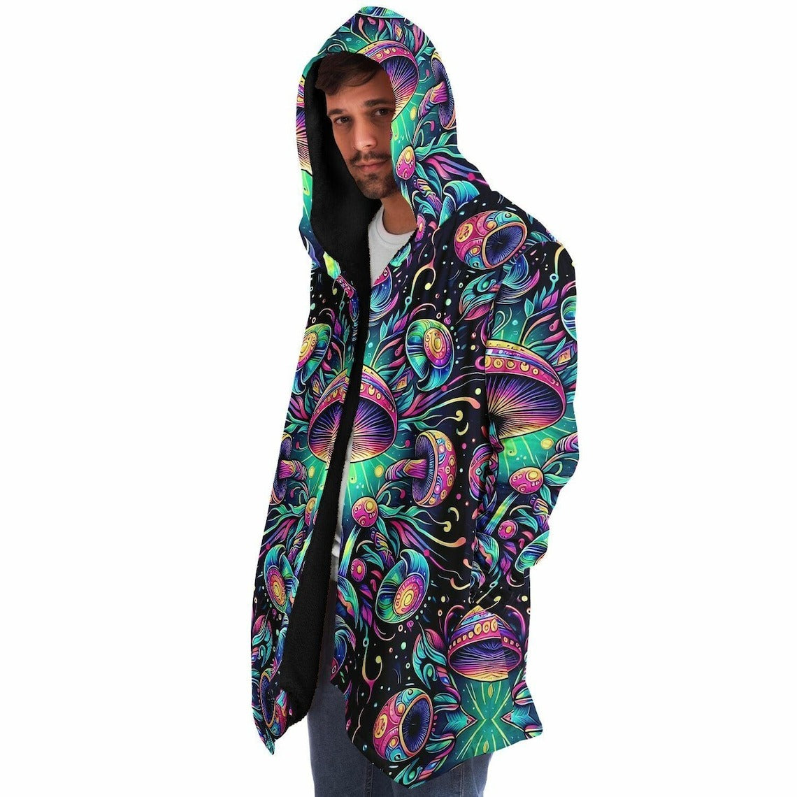Psychedelic Mushrooms Rave Festival Cloak, Fleece Festival Coat, Cloak With Hood, Rave Cloak, Rave Wear, Cloak Pattern