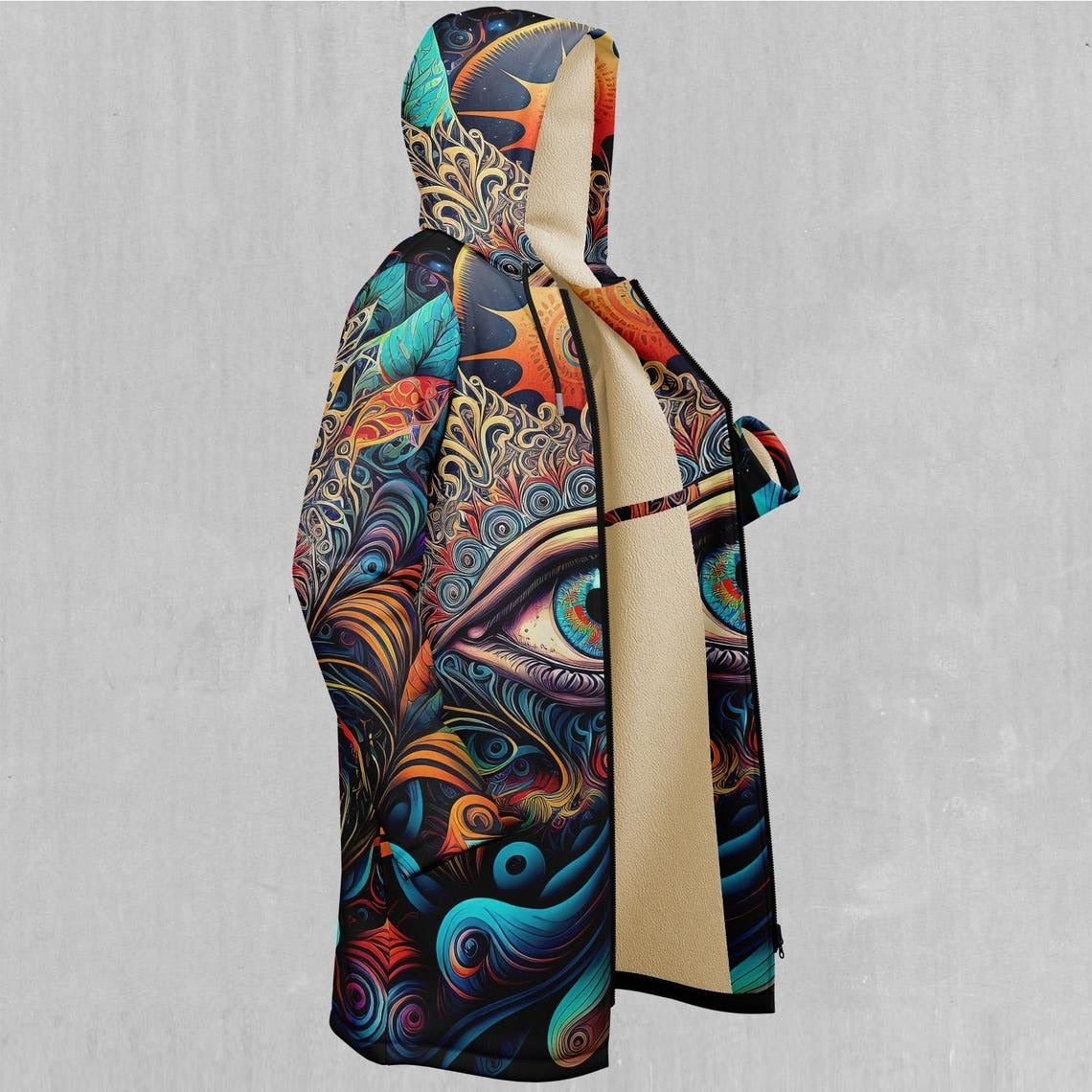 Cosmic Eye Psychedelic Mandala Abstract EDM Rave Festival Sherpa Lined Hooded Cloak