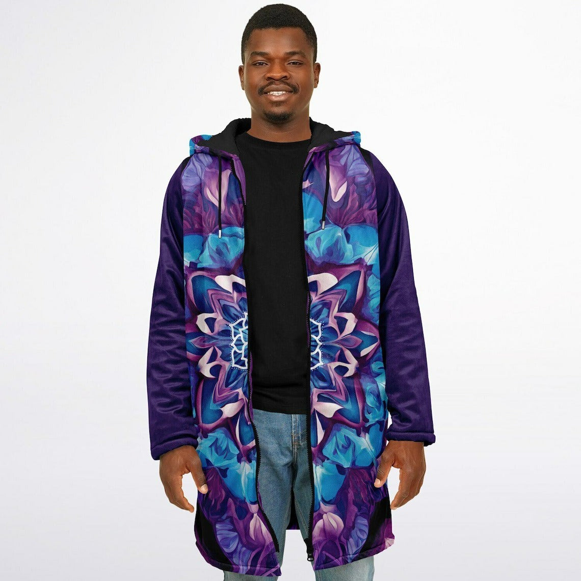 Mandala Cloak, Psychedelic Lotus Hooded Robe, Purple Blue Spiritual Sherpa Hoodie, Visionary Festival Cape for Women & Men
