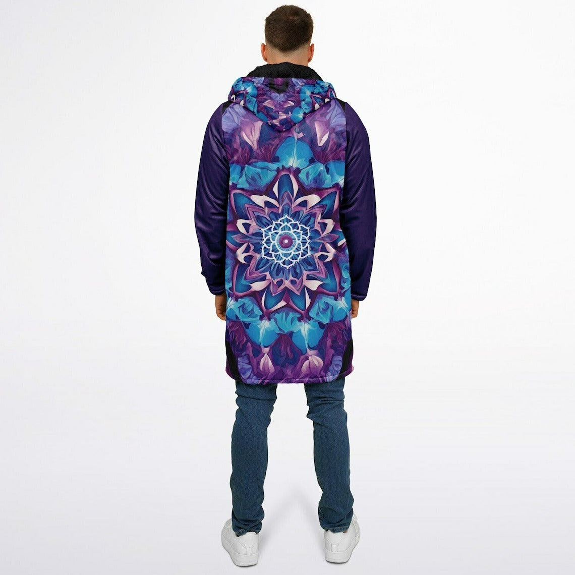 Mandala Cloak, Psychedelic Lotus Hooded Robe, Purple Blue Spiritual Sherpa Hoodie, Visionary Festival Cape for Women & Men