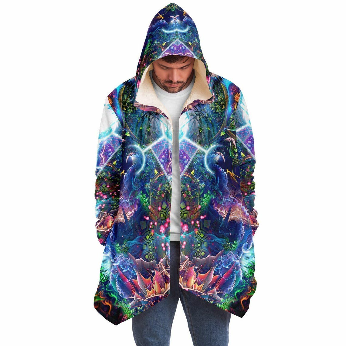 Psychedelic Tiger Cloak, Trippy Spirit Animal Hooded Robe, Colorful Visionary Sherpa Hoodie, Festival Clothing for Men & Women