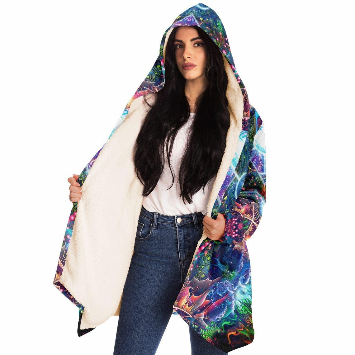 Psychedelic Tiger Cloak, Trippy Spirit Animal Hooded Robe, Colorful Visionary Sherpa Hoodie, Festival Clothing for Men & Women