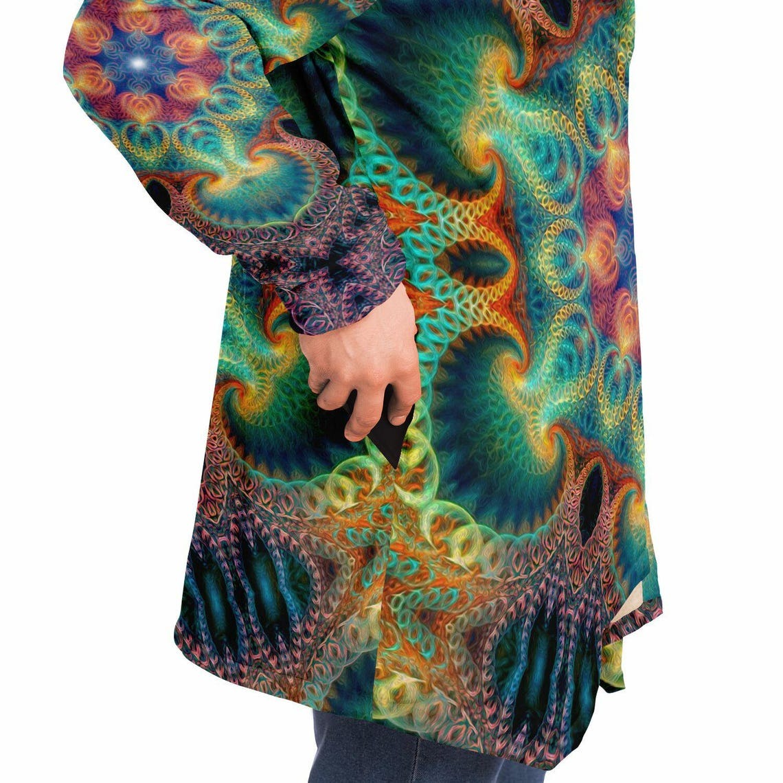 Healing Fractal Mandala HOODED CLOAK, Psychedelic Festival Hoodie, Vibrant Neon Rave Jacket, Trippy Festival Coat, Wizard Robe, Burning Man