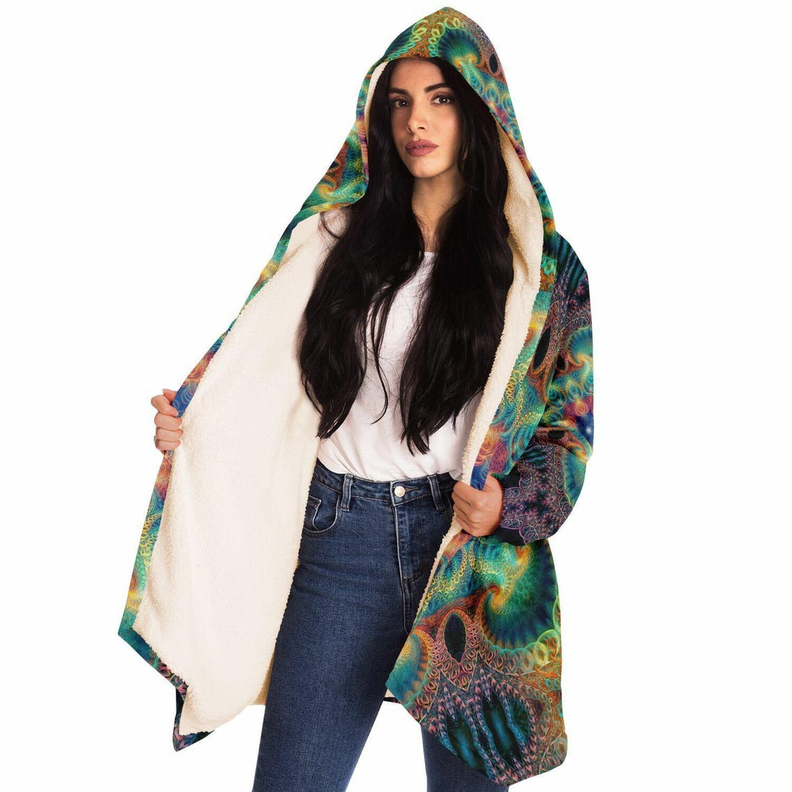 Healing Fractal Mandala HOODED CLOAK, Psychedelic Festival Hoodie, Vibrant Neon Rave Jacket, Trippy Festival Coat, Wizard Robe, Burning Man