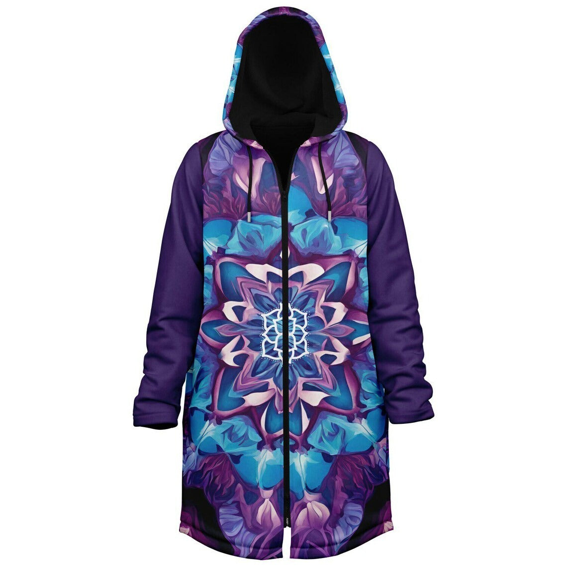 Mandala Cloak, Psychedelic Lotus Hooded Robe, Purple Blue Spiritual Sherpa Hoodie, Visionary Festival Cape for Women & Men