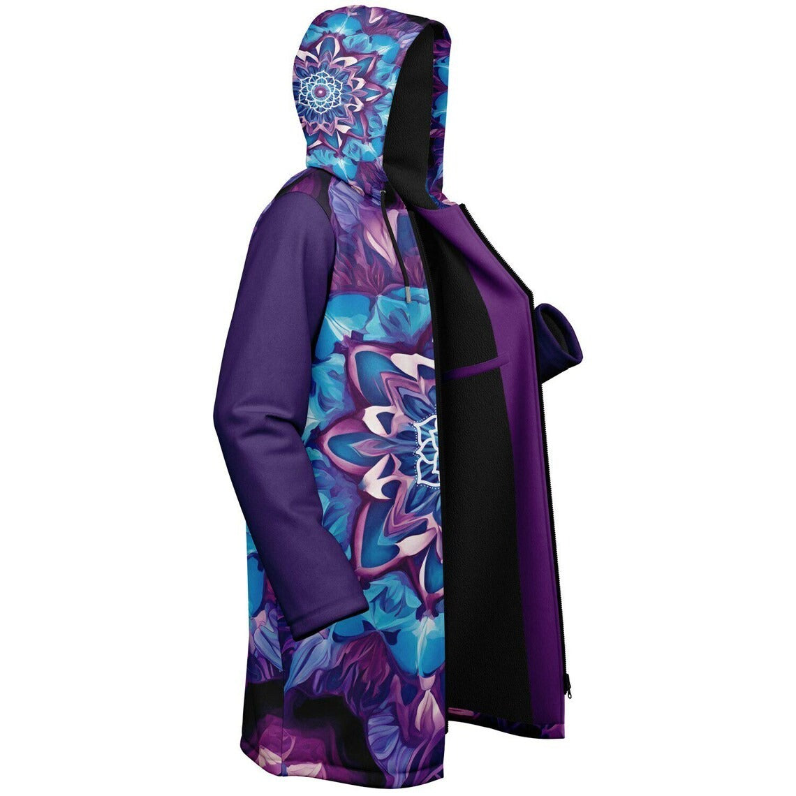 Mandala Cloak, Psychedelic Lotus Hooded Robe, Purple Blue Spiritual Sherpa Hoodie, Visionary Festival Cape for Women & Men
