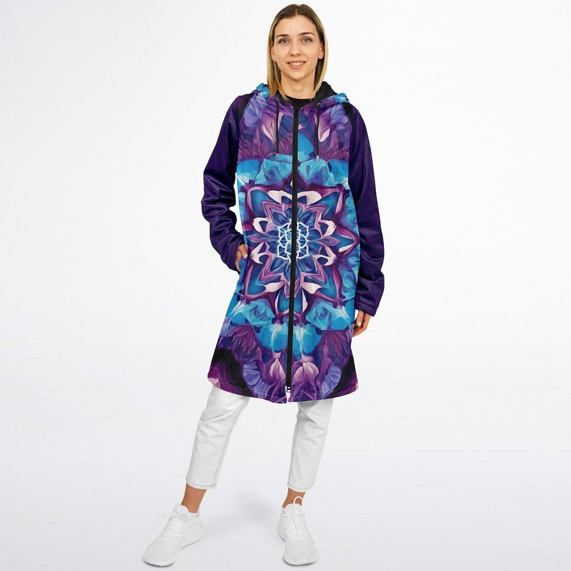 Mandala Cloak, Psychedelic Lotus Hooded Robe, Purple Blue Spiritual Sherpa Hoodie, Visionary Festival Cape for Women & Men