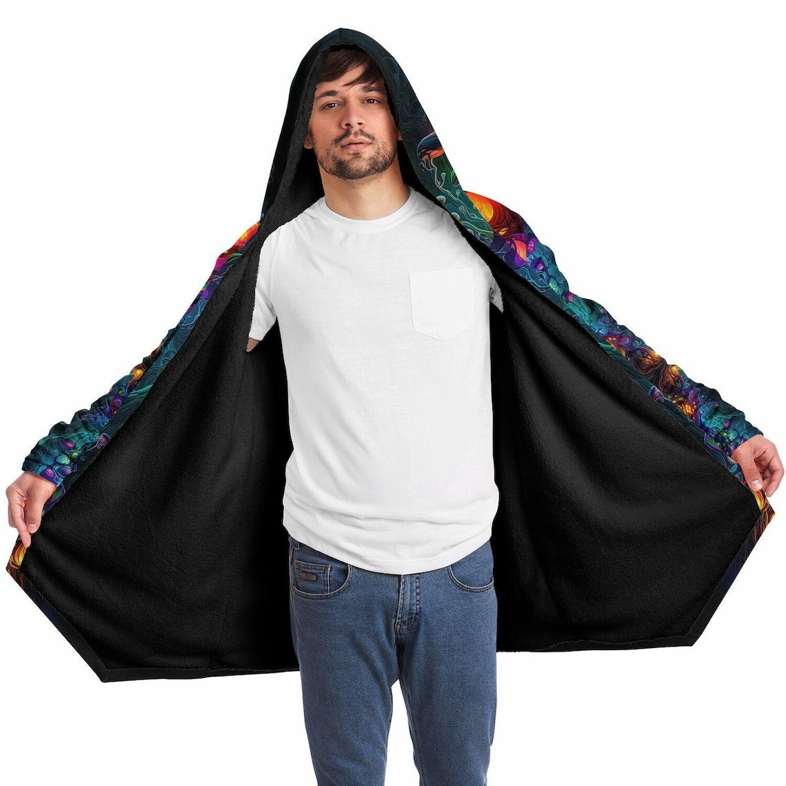 Trippy Mushroom HOODED CLOAK, Psychedelic Fungus Festival Hoodie, Vibrant Neon Rave Jacket, Colorful Festival Coat, Wizard Robe, Cape