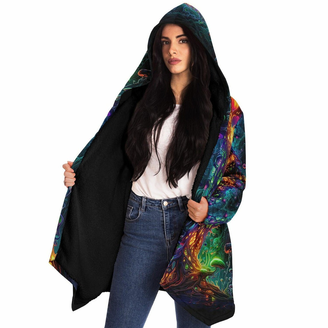 Trippy Mushroom HOODED CLOAK, Psychedelic Fungus Festival Hoodie, Vibrant Neon Rave Jacket, Colorful Festival Coat, Wizard Robe, Cape