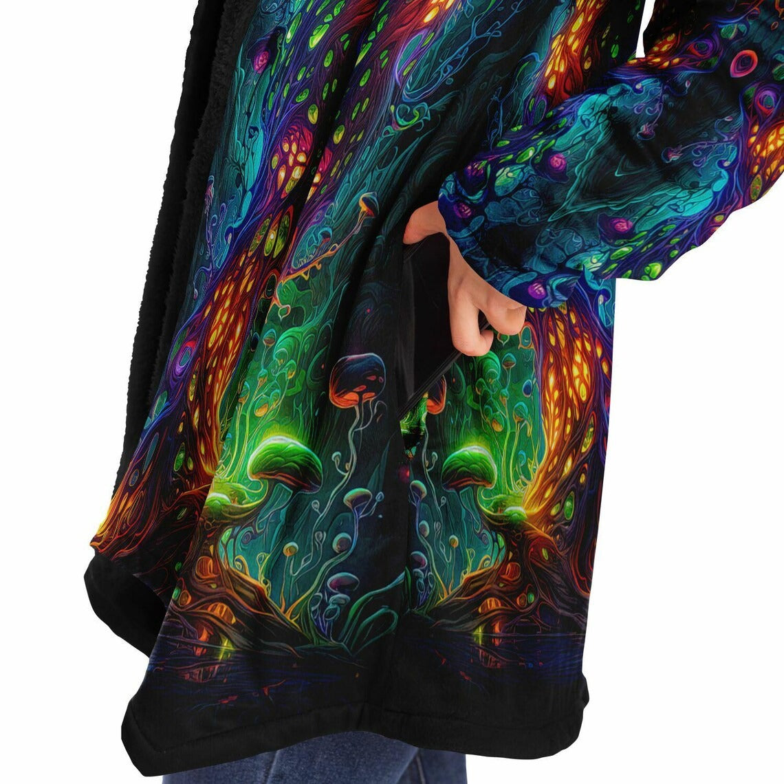 Trippy Mushroom HOODED CLOAK, Psychedelic Fungus Festival Hoodie, Vibrant Neon Rave Jacket, Colorful Festival Coat, Wizard Robe, Cape
