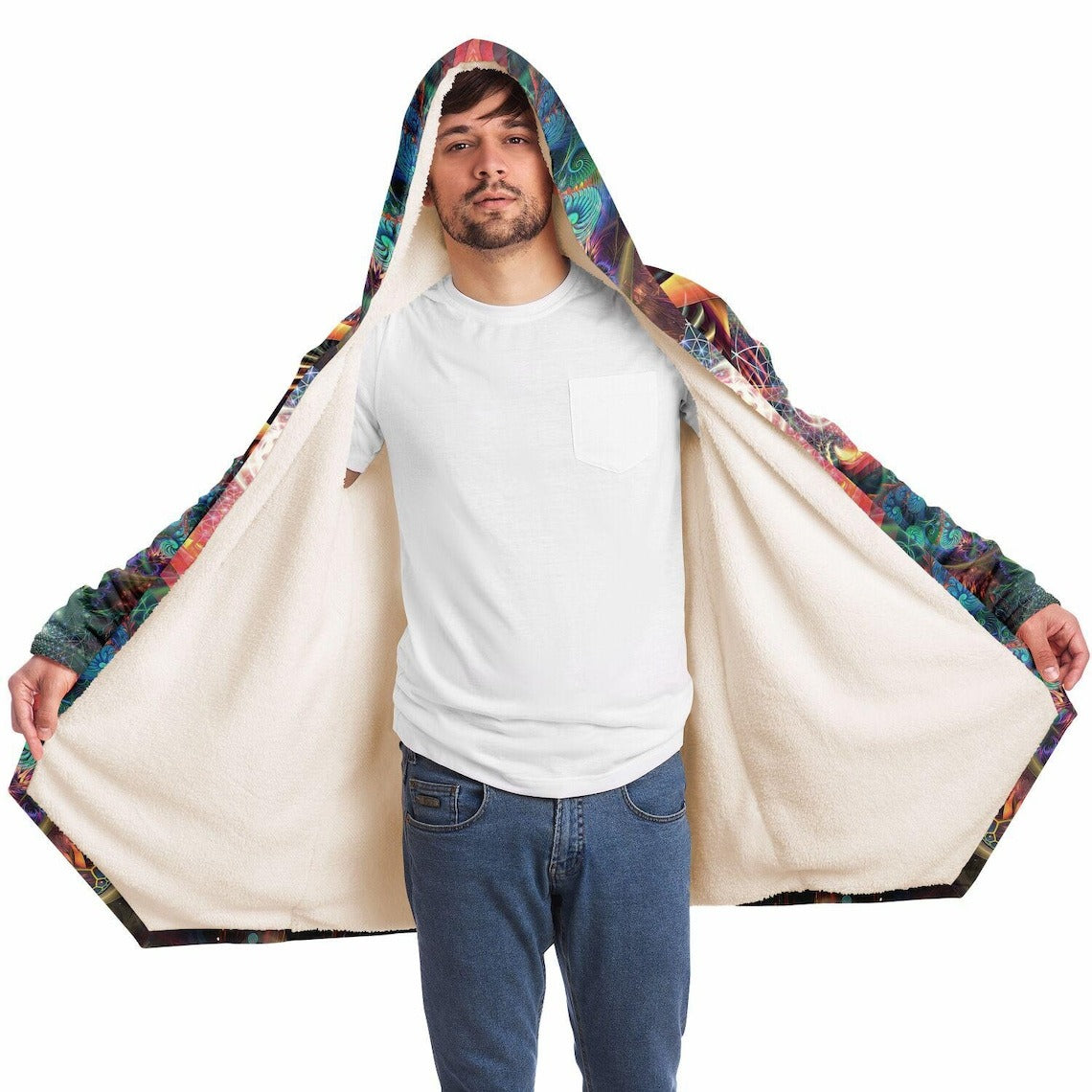 Psychedelic Fractal Art HOODED CLOAK, Trippy Festival Cape, Vibrant Rave Jacket, Colorful Coat, Shambhala, Burning Man Hoodie, Plus Size