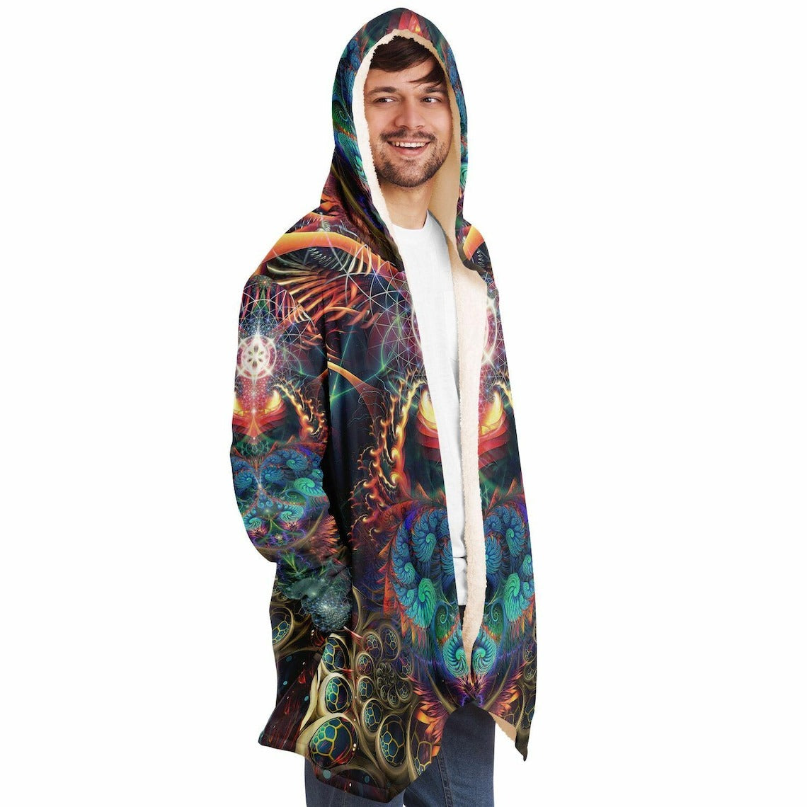 Psychedelic Fractal Art HOODED CLOAK, Trippy Festival Cape, Vibrant Rave Jacket, Colorful Coat, Shambhala, Burning Man Hoodie, Plus Size