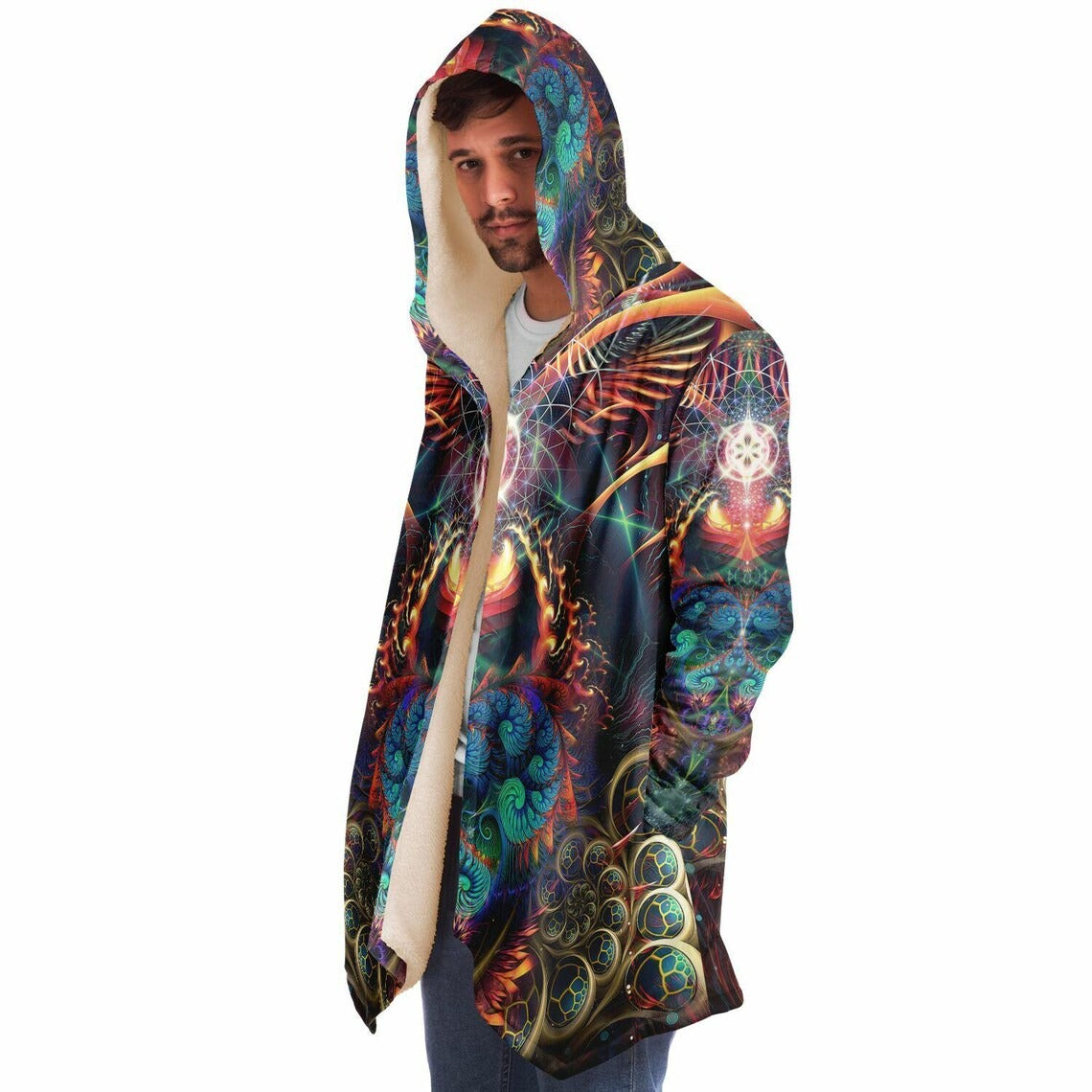 Psychedelic Fractal Art HOODED CLOAK, Trippy Festival Cape, Vibrant Rave Jacket, Colorful Coat, Shambhala, Burning Man Hoodie, Plus Size